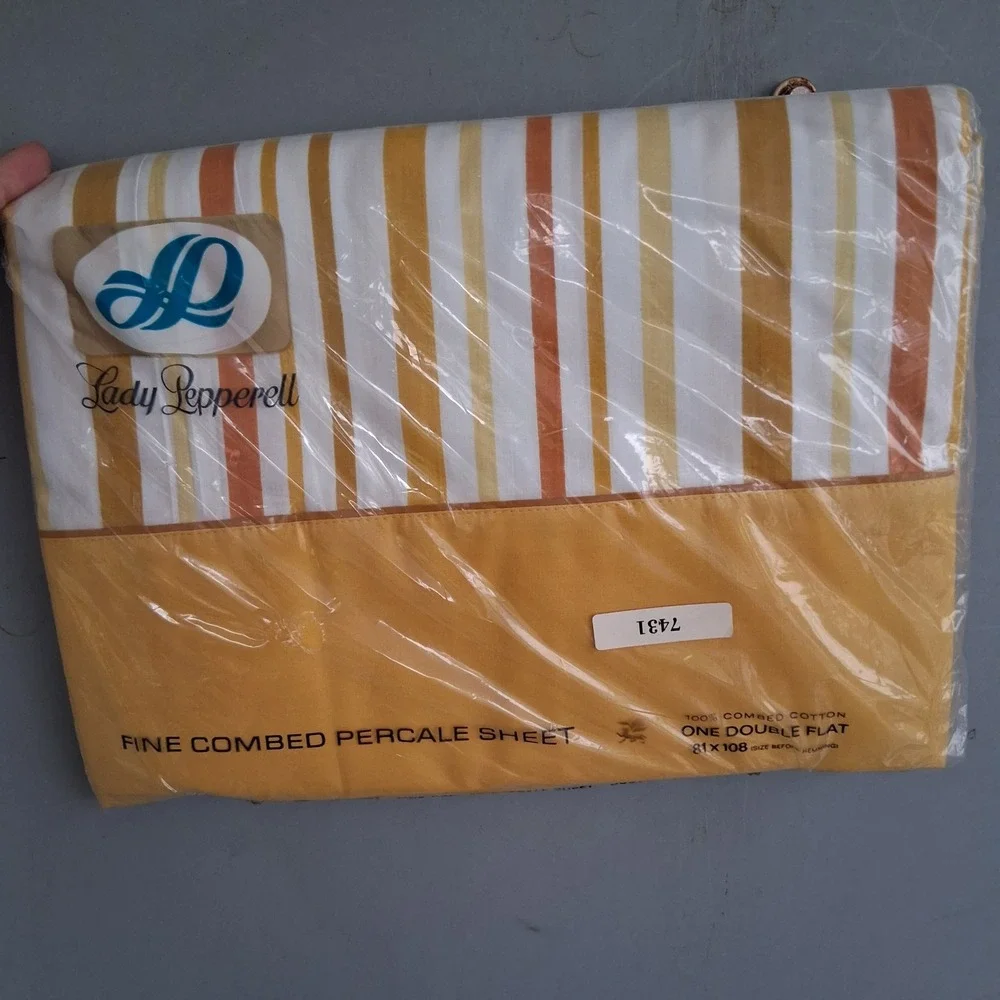 Vtg 60s 70s NOS Lady Pepperell Full Flat Sheet Striped Yellow Orange Fall Colors